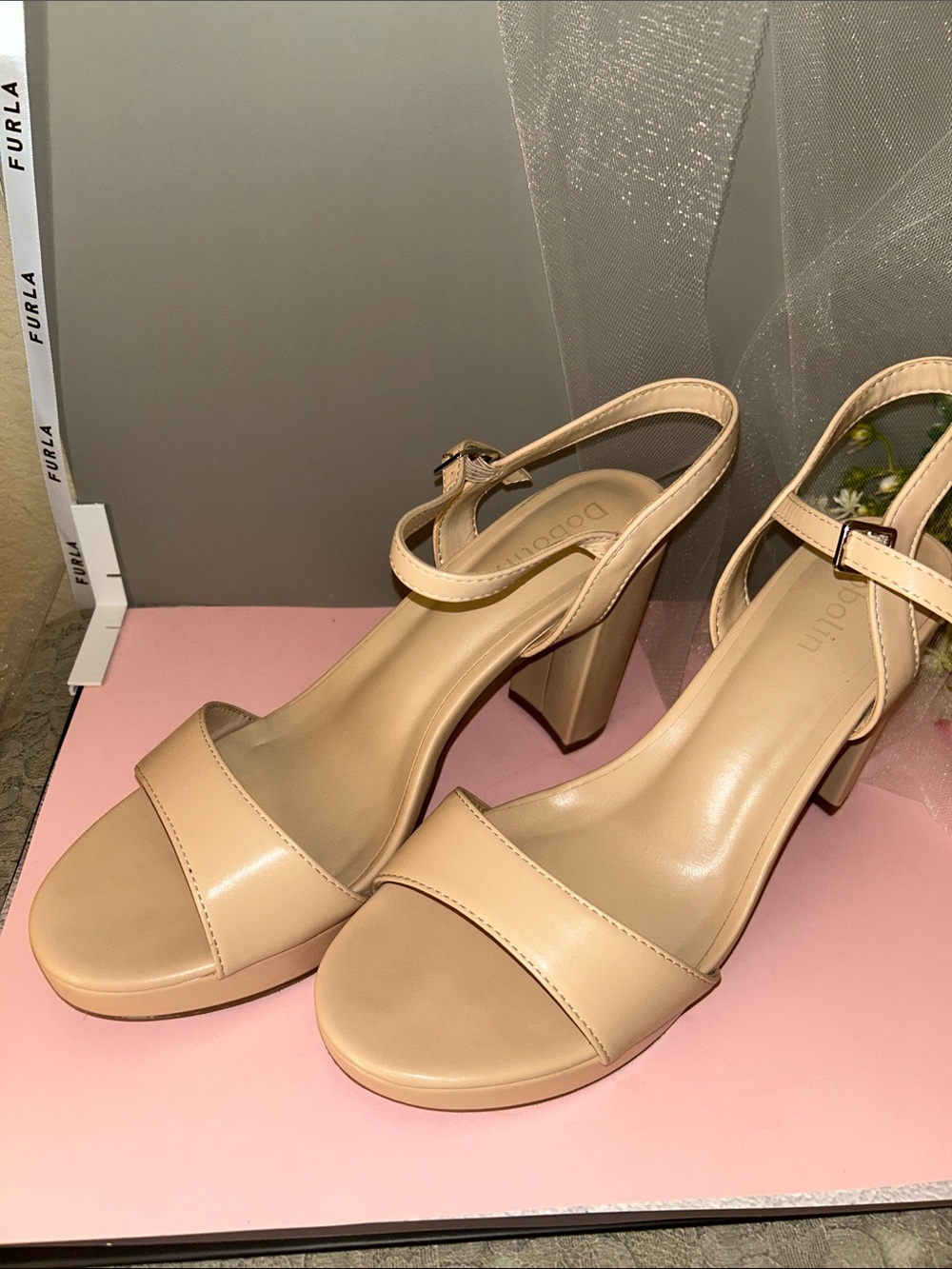 Nude Beige Block Heel Platform Sandals with Ankle Strap
Like new